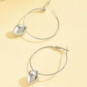 Oversized Large Statement Hoops with Heart Cutout Design Silver Electro-Plated
